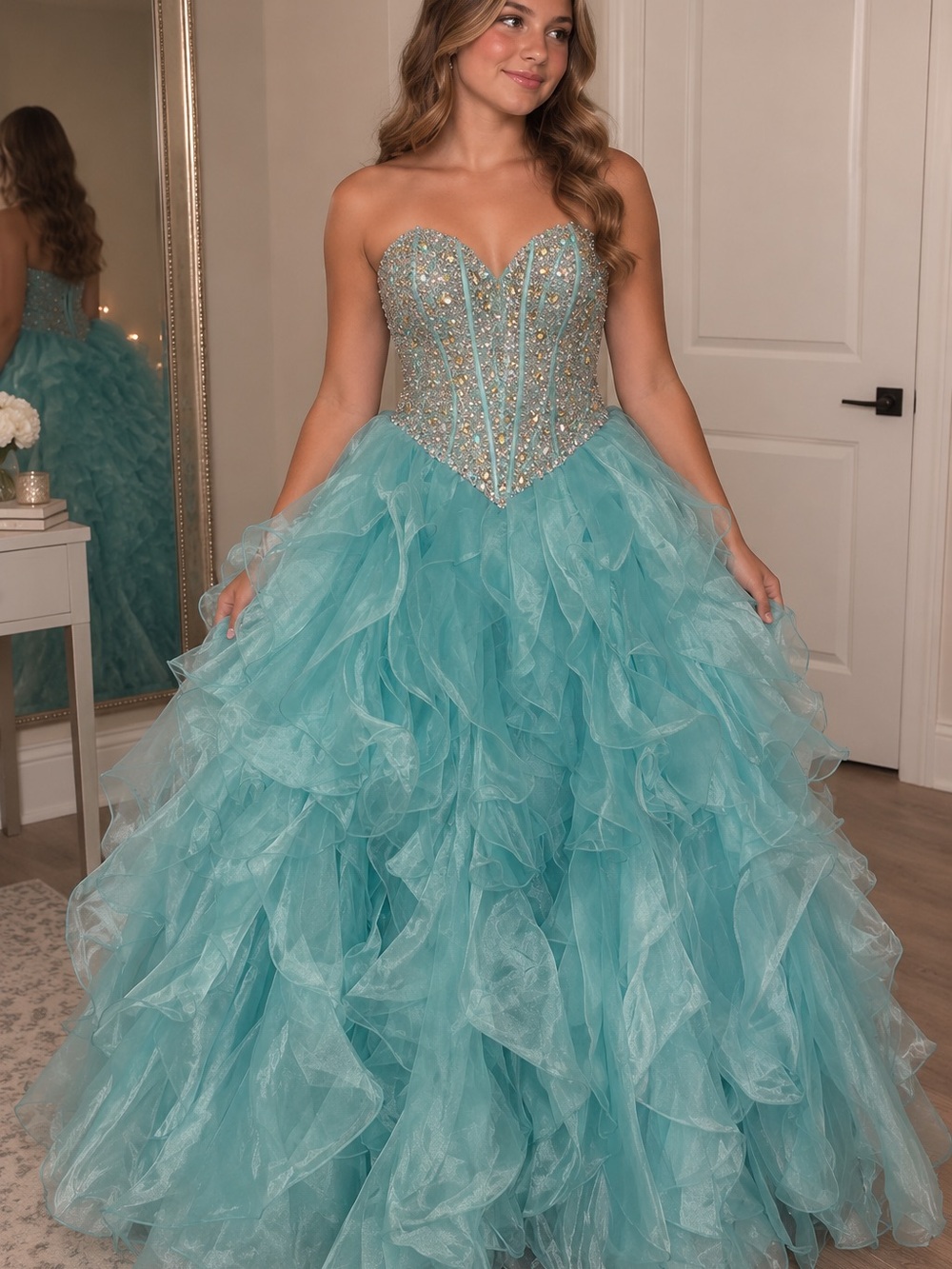 Strapless Aqua Ball Gown with Beaded Corset